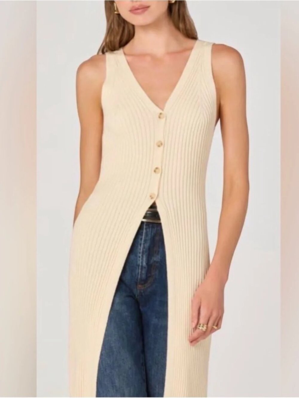 ASTR The Label Ribbed Sleeveless Long Cardigan Sweater Vest XL Cream NWOT